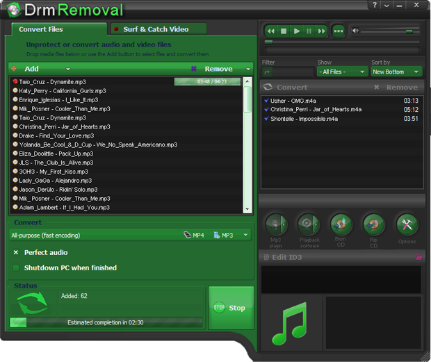 MP3 to AAC and various other formats converting software. Copy your music to unprotected files.